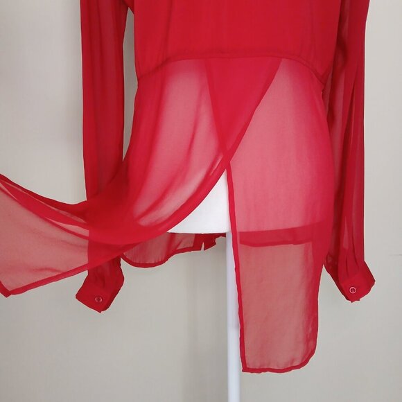 Free People Oversized Sheer Button Down Shirt Red Size Small - Picture 6 of 7
